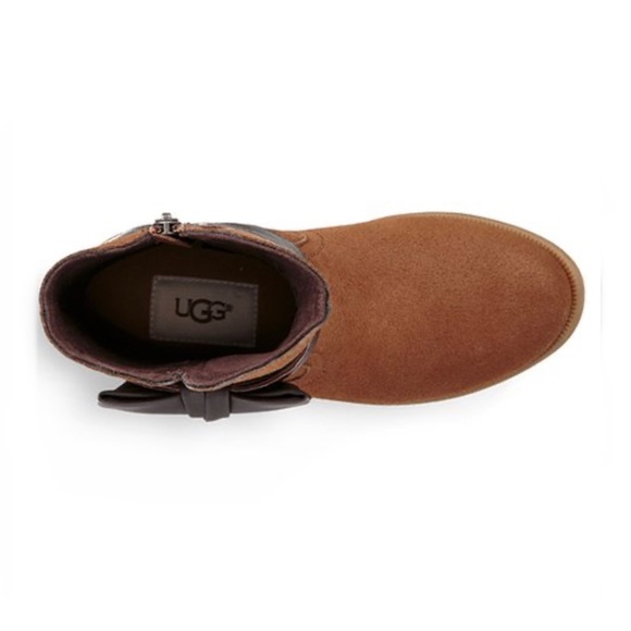 UGG Cognac Joanie Bow Faux Leather Bootie Kids Size 5 Womens Size 7 - Picture 7 of 16